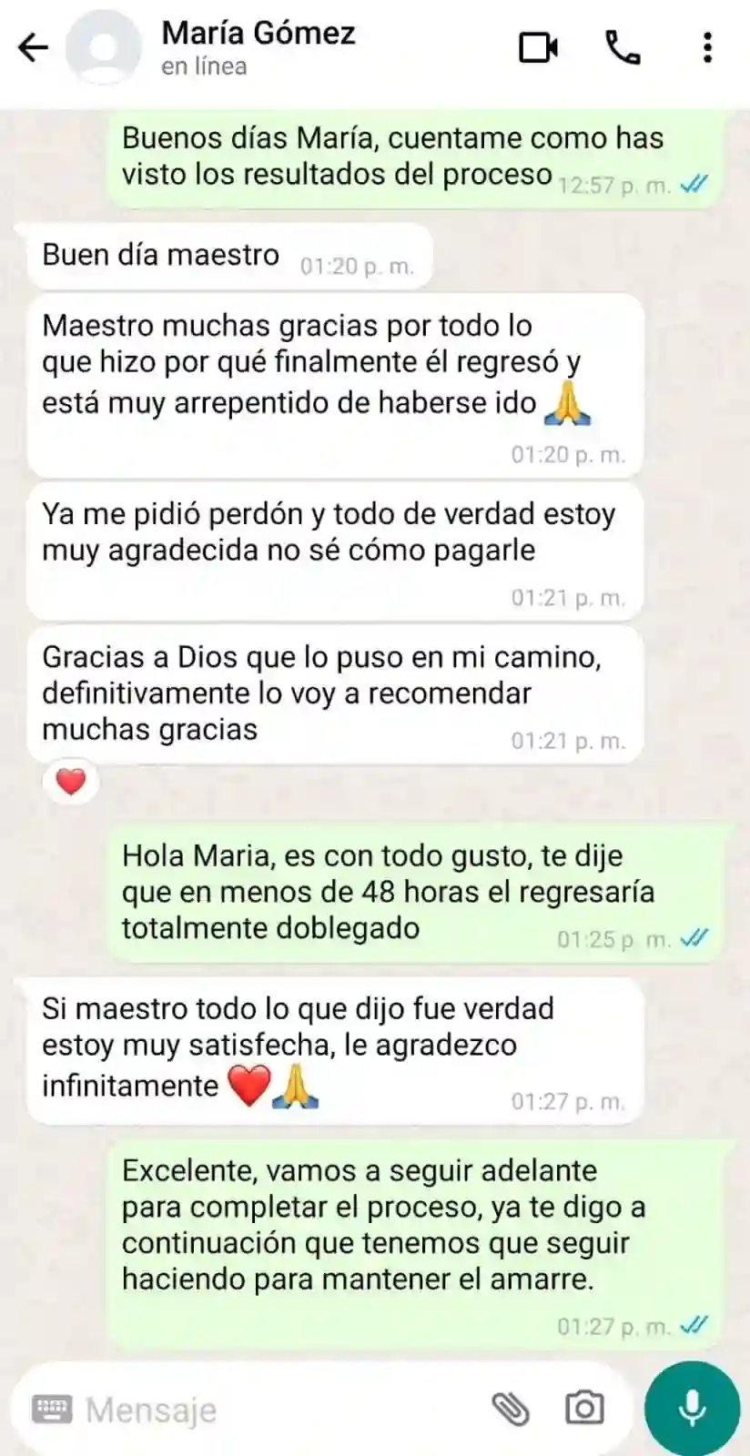 Testimonio WhatsApp - Cliente satisfecha recuperó a su pareja